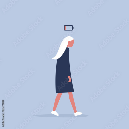 low battery conceptual illustration. young female exhausted character. Modern urban life / flat editable vector illustration