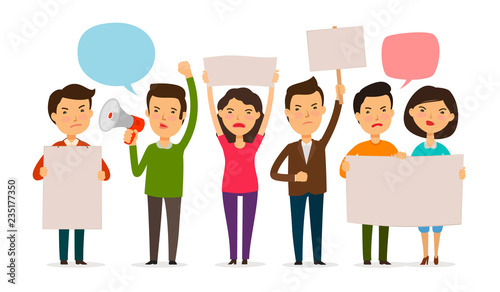 Crowd of people protesting. Strike, opposition concept. Funny cartoon vector illustration