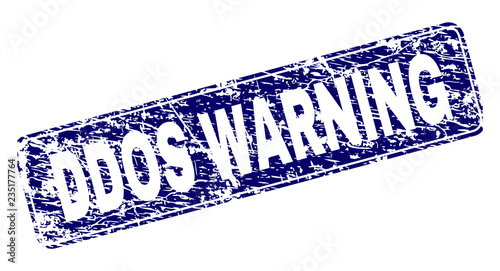 DDOS WARNING stamp seal imprint with grunge texture. Seal shape is a rounded rectangle with frame. Blue vector rubber print of DDOS WARNING caption with grunge texture.