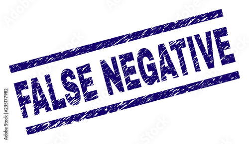 FALSE NEGATIVE seal print with distress style. Blue vector rubber print of FALSE NEGATIVE text with dust texture. Text caption is placed between parallel lines.