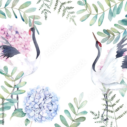 Wedding floral frame with crane, eucalyptus branch and hydrangea. Watercolor ...