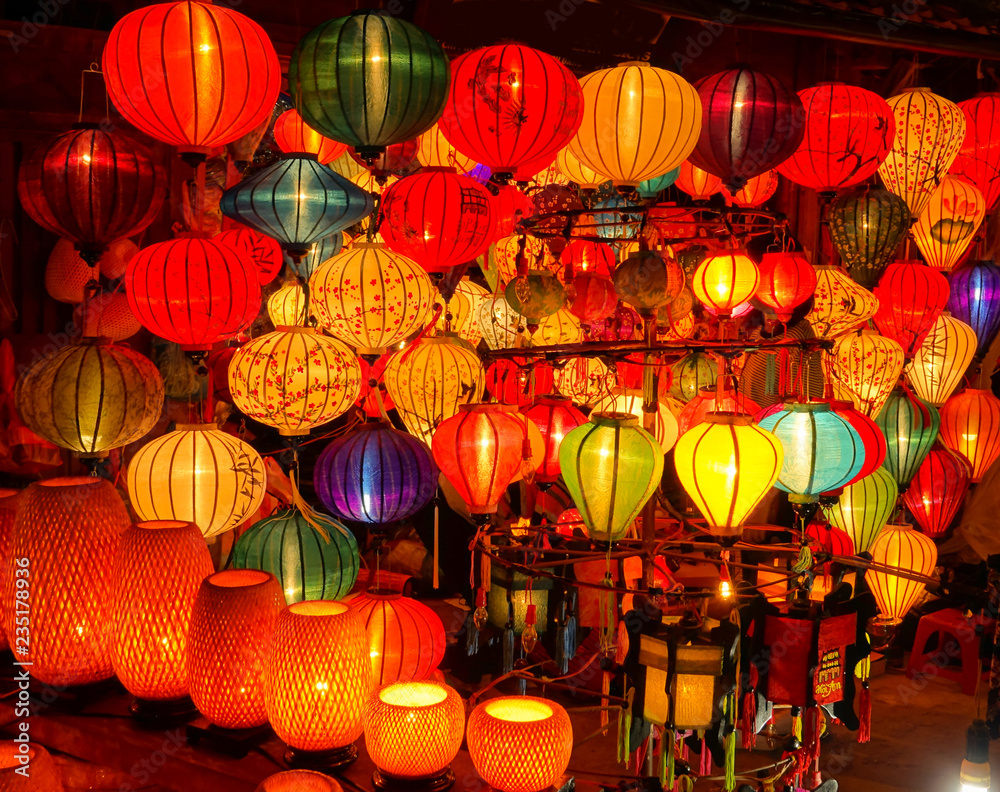 CLOSE UP: Countless oriental lamps are lit up on a festive night in Vietnam.