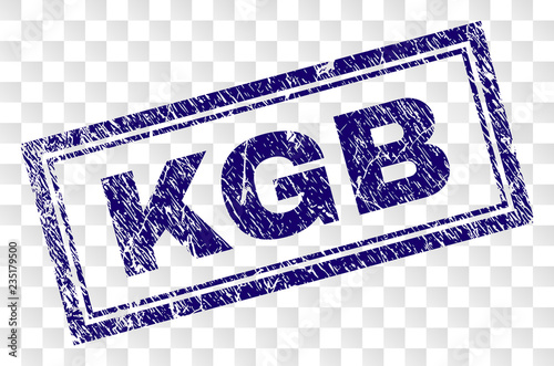 KGB stamp seal print with grunge style and double framed rectangle shape. Stamp is placed on a transparent background. Blue vector rubber print of KGB tag with grunge texture. photo
