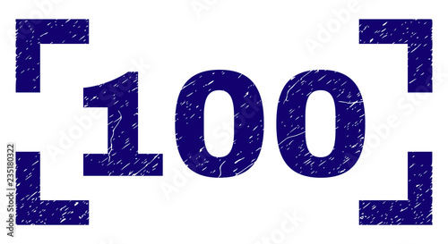 100 text seal print with grunge style. Text title is placed inside corners. Blue vector rubber print of 100 with dust texture.