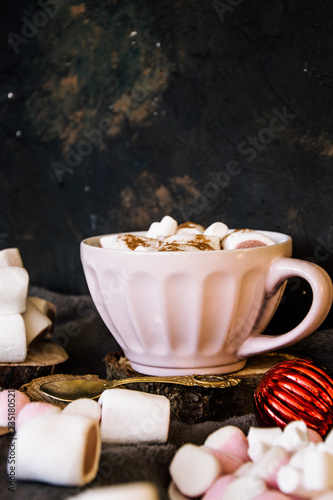 Good New Year spirit. Coffee with marshmallows and cinnamon. Pink mug. Cooking yourself. Photos for coffee. Home comfort. New Year. Christmas time. Winter mood.