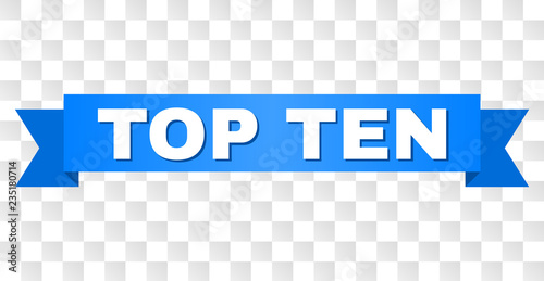 TOP TEN text on a ribbon. Designed with white caption and blue stripe. Vector banner with TOP TEN tag on a transparent background.