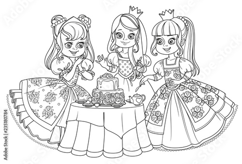 Three beautiful princesses having a tea party with a cake outlined for coloring book isolated on white background