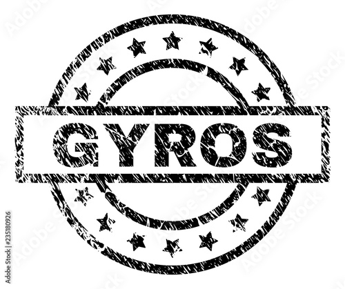 GYROS stamp seal watermark with distress style. Designed with rectangle, circles and stars. Black vector rubber print of GYROS text with corroded texture.