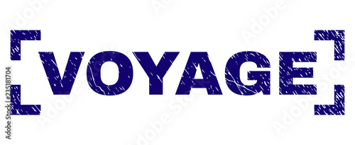 VOYAGE caption seal print with grunge style. Text caption is placed between corners. Blue vector rubber print of VOYAGE with unclean texture.