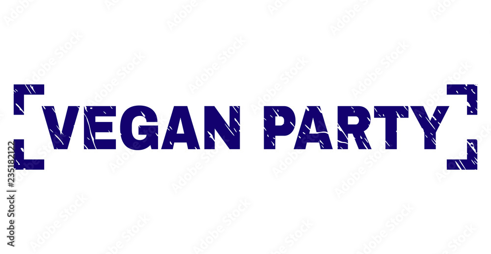 VEGAN PARTY text seal print with distress texture. Text caption is placed inside corners. Blue vector rubber print of VEGAN PARTY with dirty texture.