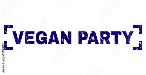 VEGAN PARTY text seal print with distress texture. Text caption is placed inside corners. Blue vector rubber print of VEGAN PARTY with dirty texture.