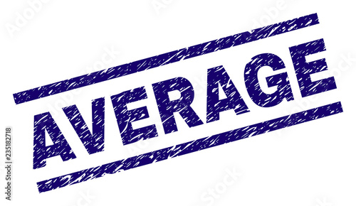 AVERAGE seal print with distress style. Blue vector rubber print of AVERAGE label with corroded texture. Text label is placed between parallel lines.
