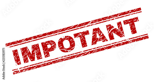 IMPOTANT seal imprint with corroded texture. Red vector rubber print of IMPOTANT tag with unclean texture. Text title is placed between double parallel lines.