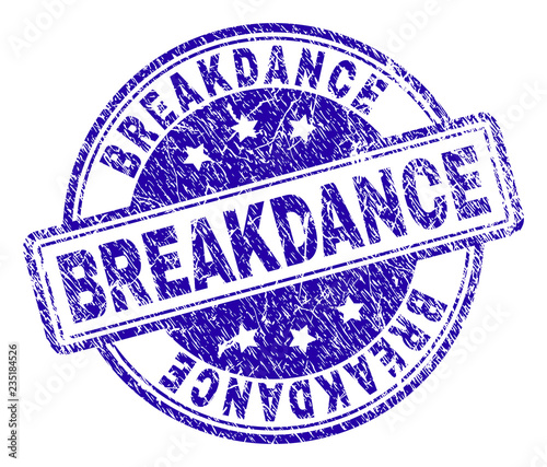 BREAKDANCE stamp seal imprint with grunge texture. Designed with rounded rectangles and circles. Blue vector rubber print of BREAKDANCE caption with unclean texture.