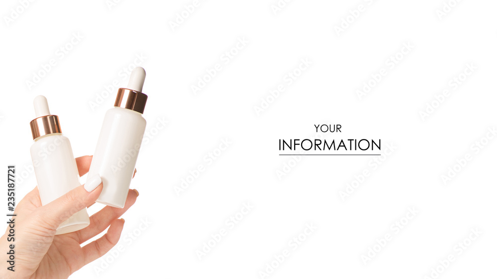Bottle with cosmetics serum hyaluronic acid in hand pattern on a white background isolation Bottle with cosmetics serum hyaluronic acid in hand pattern on a white background isolation