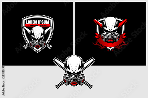 skull with  baseball bat and shield vector logo template