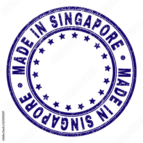 MADE IN SINGAPORE stamp seal imprint with grunge texture. Designed with circles and stars. Blue vector rubber print of MADE IN SINGAPORE tag with dirty texture.