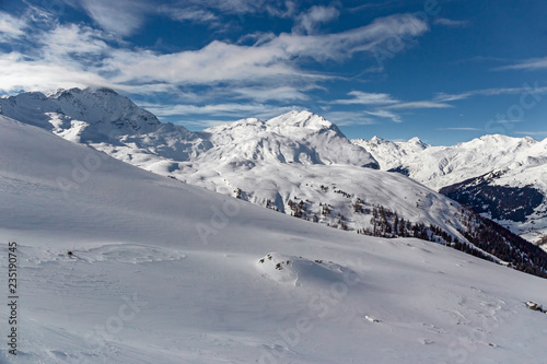 Panoramic view of the snow-covered Alps in winter  in the canton of Graub  nden in Switzerland.