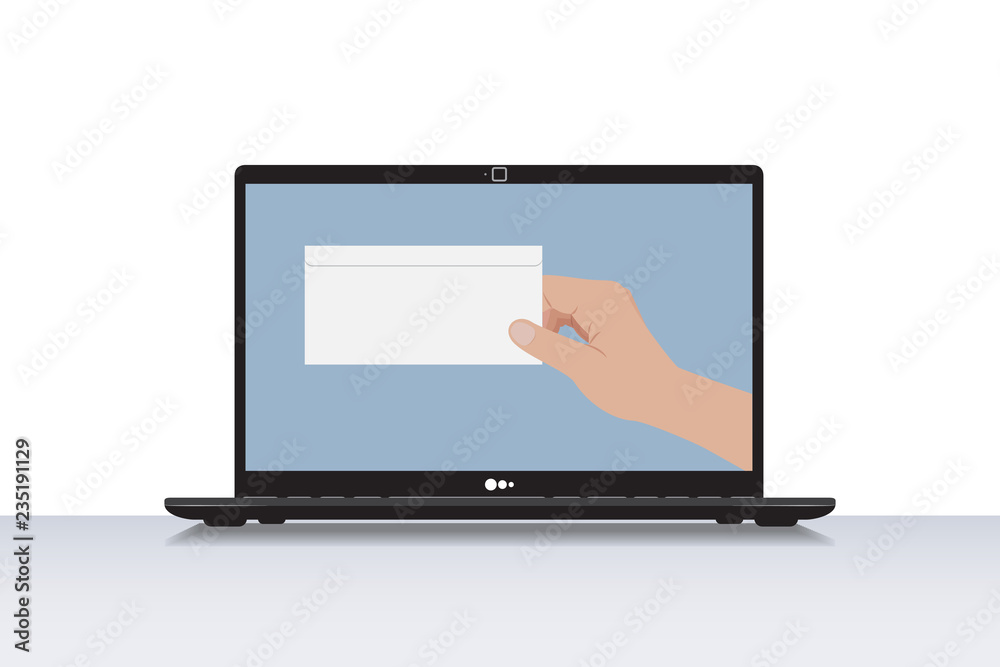 Vector illustration. Laptop with letter hand, email concept,
receiving messages, isolated on white background Vector illustration. Laptop with letter hand, email concept,
receiving messages, isolated on white background