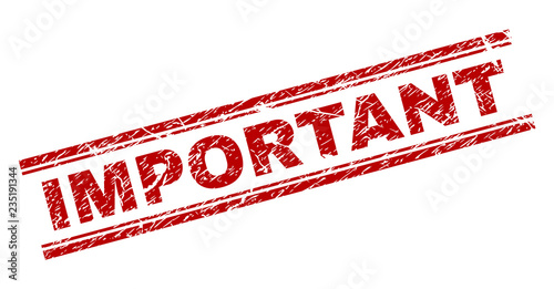 IMPORTANT seal print with corroded texture. Red vector rubber print of IMPORTANT text with retro texture. Text label is placed between double parallel lines.