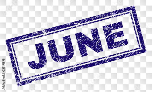 JUNE stamp seal print with rubber print style and double framed rectangle shape. Stamp is placed on a transparent background. Blue vector rubber print of JUNE tag with unclean texture.