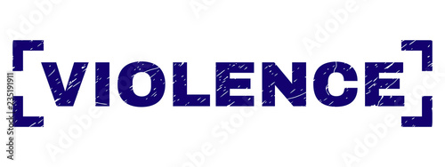 VIOLENCE text seal stamp with grunge effect. Text label is placed between corners. Blue vector rubber print of VIOLENCE with grunge texture.