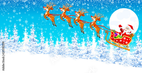 Santa Claus on a sleigh with reindeer in the winter forest