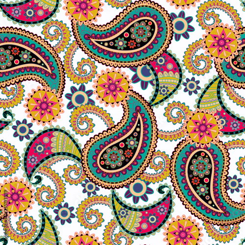 Seamless Paisley background.Colorful flowers and leaves on white