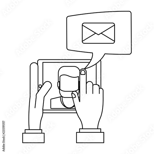 Hands using samrtphone for email sending black and white