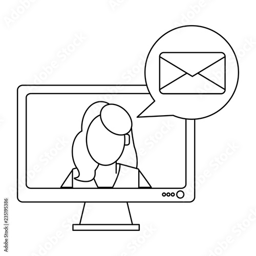 Businesswoman sending email black and white