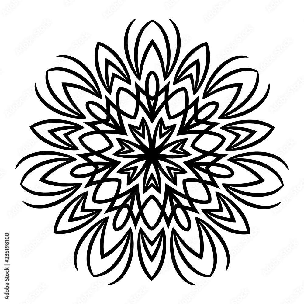 Flower pattern of mandala. Decorative circular element. Minimal vintage floral pattern. Ethnic abstract ornament. Black flower on white background. Vintage snowflake.