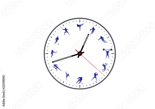 clock isolated on white background with sports on the dial