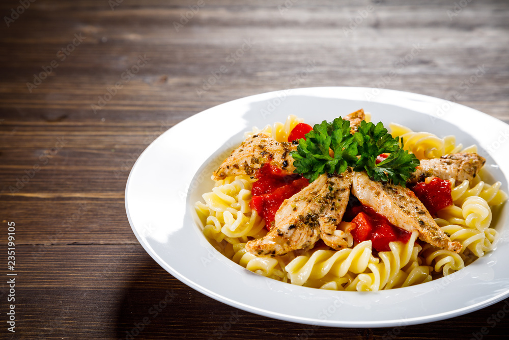 Pasta with meat, sauce and vegetables Pasta with meat, sauce and vegetables