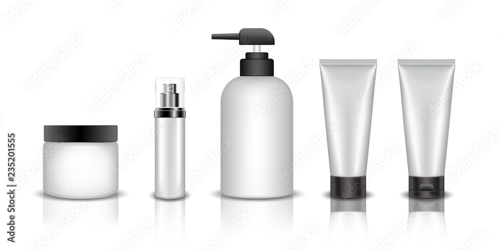 Set of Realistic cosmetic bottle on a white background. Cosmetic package collection for cream, soups, foams, shampoo, glue. Mock up set for brand template.