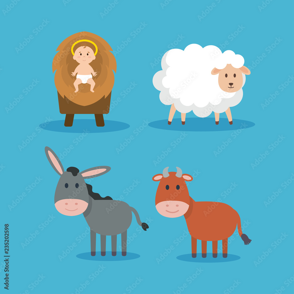 group of animals and jesus baby manger characters