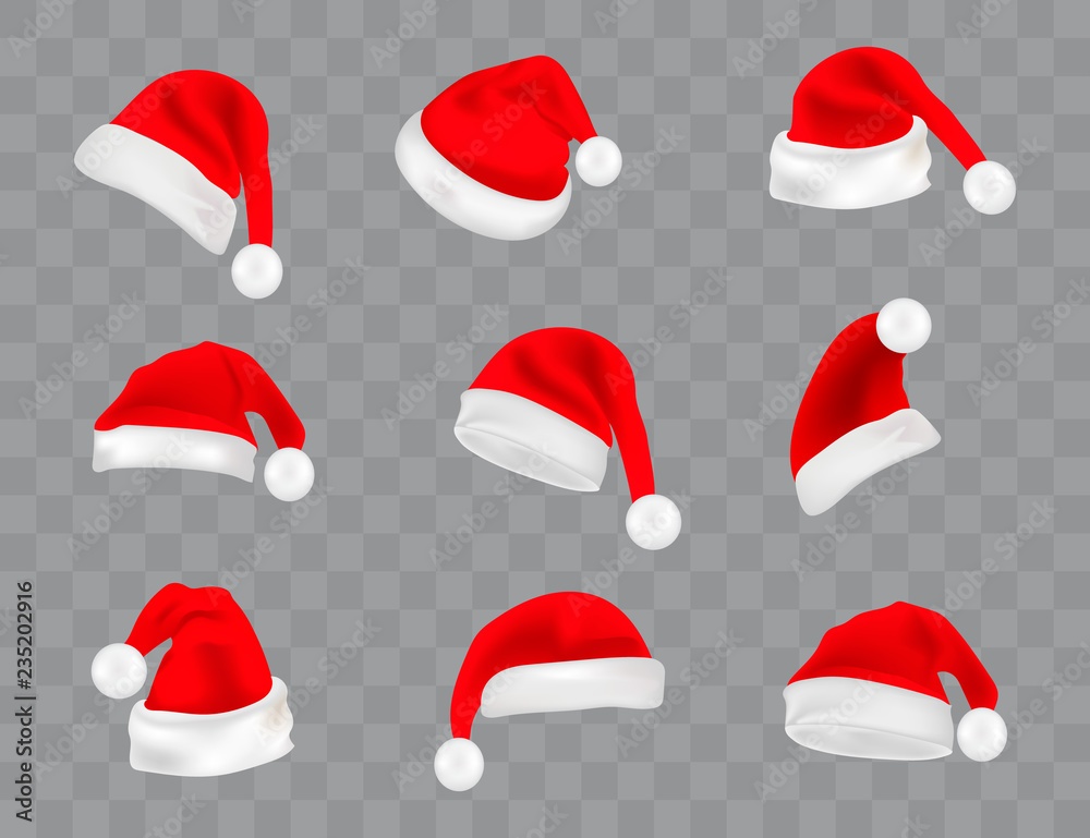 Big set of realistic Santa Hats isolated on transparent background. Vector santa claus hat colllection, holiday cap to xmas illustration Big set of realistic Santa Hats isolated on transparent background. Vector santa claus hat colllection, holiday cap to xmas illustration