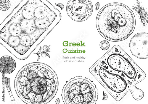 Greek cuisine top view frame. A set of greek dishes with moussaka, kleftiko, papoutsakia, tzatziki, feta . Food menu design template. Vintage hand drawn sketch vector illustration. Engraved image