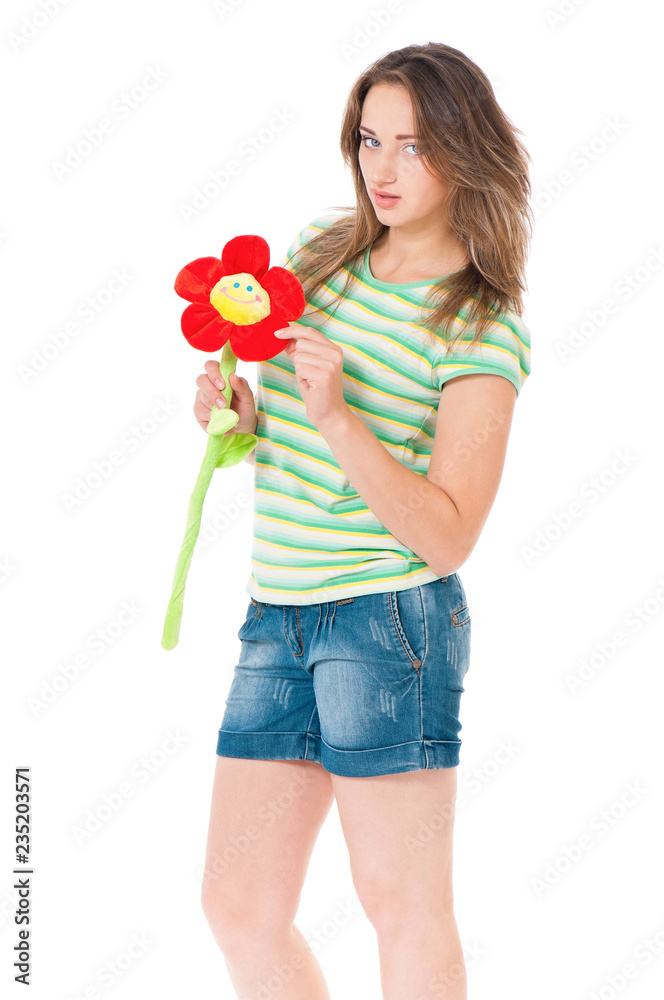 Beautiful teen girl with big flower posing on white background Beautiful teen girl with big flower posing on white background