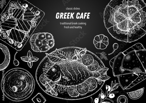 Greek cuisine top view frame. A set of greek dishes with halloumi, taramosalata, pita, spanakopita, gemista . Food menu design template. Vintage hand drawn sketch vector illustration. Engraved image