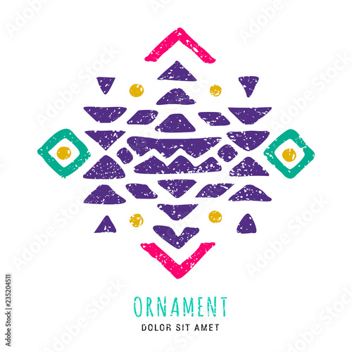 Colorful Aztec style hand-drawn geometric ornament. Indian ornate design. Tribal ornamental decorative template. Ethnic ornamentation. Grungy shabby chic hipster texture. EPS 10 vector illustration.