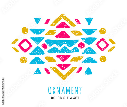 Colorful Aztec style hand-drawn geometric ornament. Indian ornate design. Tribal ornamental decorative template. Ethnic ornamentation. Grungy shabby chic hipster texture. EPS 10 vector illustration.