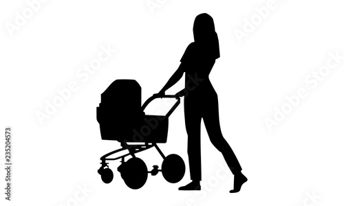 female road-mesh silhouette pushes the baby carriage.