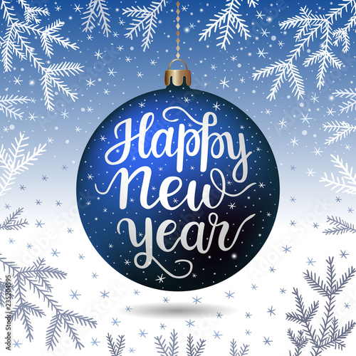 Hand-drawn lettering inscription Let it snow on the blue realistic threedimensional christmas ball, fir tree branches snowflake silver background. EPS 10 vector illustration