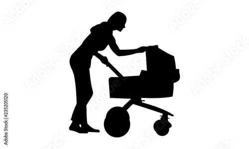 silhouette of a young mother pushing a while to see the baby in the baby carriage