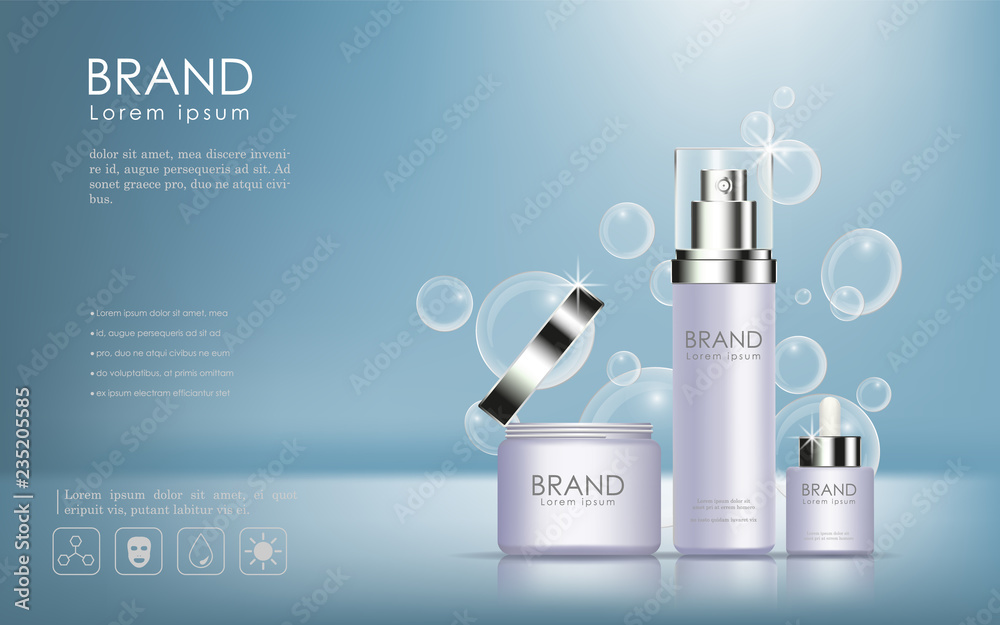 Cosmetic products ad,white bubble background with beautiful perfume containers in vector 3d illustration Cosmetic products ad,white bubble background with beautiful perfume containers in vector 3d illustration