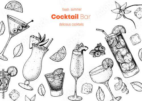 Alcoholic cocktails hand drawn vector illustration. Cocktails sketch set. Engraved style. Dry martini, pina colada, bellini, daiquiri, long island iced tea.