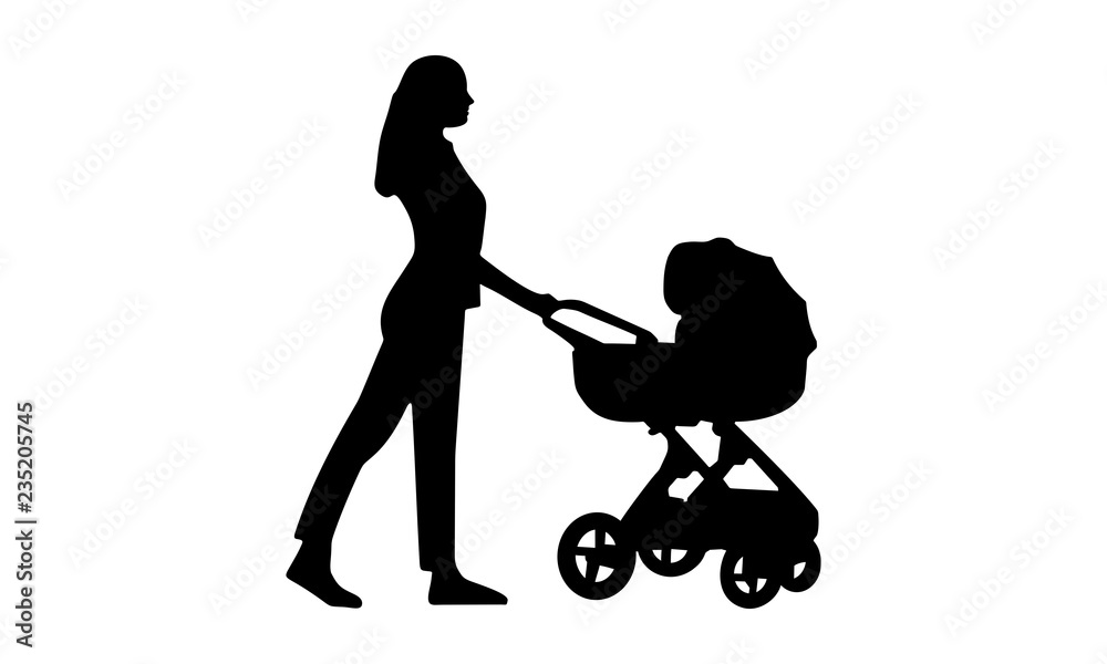 the silhouette of a young mother is pushing a stroller the silhouette of a young mother is pushing a stroller