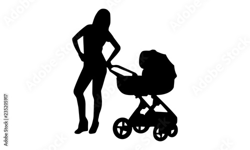 Vector image of beautiful woman silhouette in style with a baby carriage
