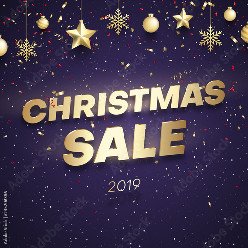 Christmas 2019 sale promo poster with golden festive decorations and confetti.
