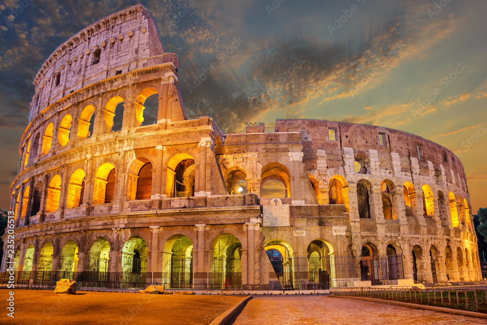 Coliseum enlighted at sunrise, Rome, Italy, no people
